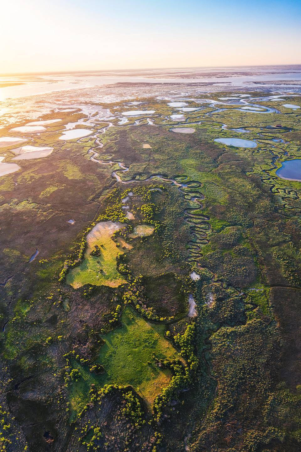 Photo aérienne du lever du soleil sur les méandres de l'île aux oiseaux